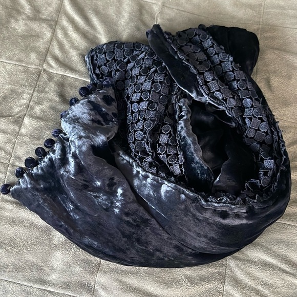 Navy Crocheted and Velvet Scarf - Picture 1 of 7